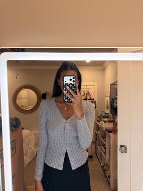 STAUD Light Gray Ribbed V-Neck Button Cardigan